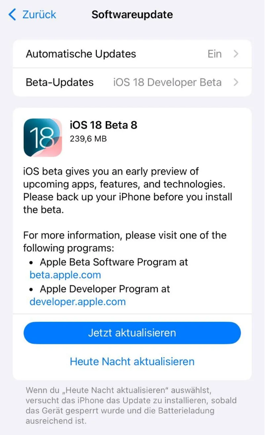 仪陇苹果手机维修分享苹果 iOS / iPadOS 18 开发者预览版 Beta 8 发布 